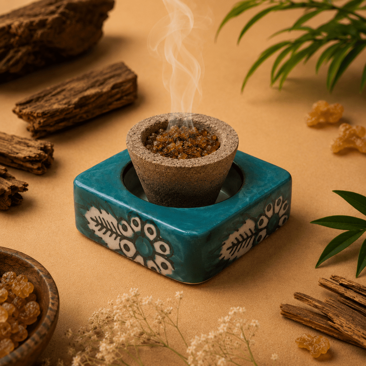 Havan Cup Stand – Teal Floral Ceramic Base - MoksaeHavan Cup Stand – Teal Floral Ceramic Base