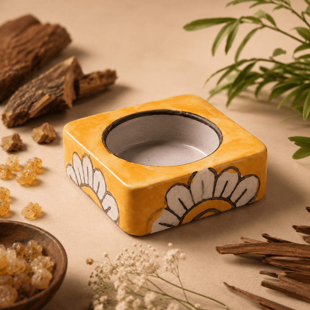 Havan Cup Stand – Yellow Floral Ceramic Base - MoksaeHavan Cup Stand – Yellow Floral Ceramic Base