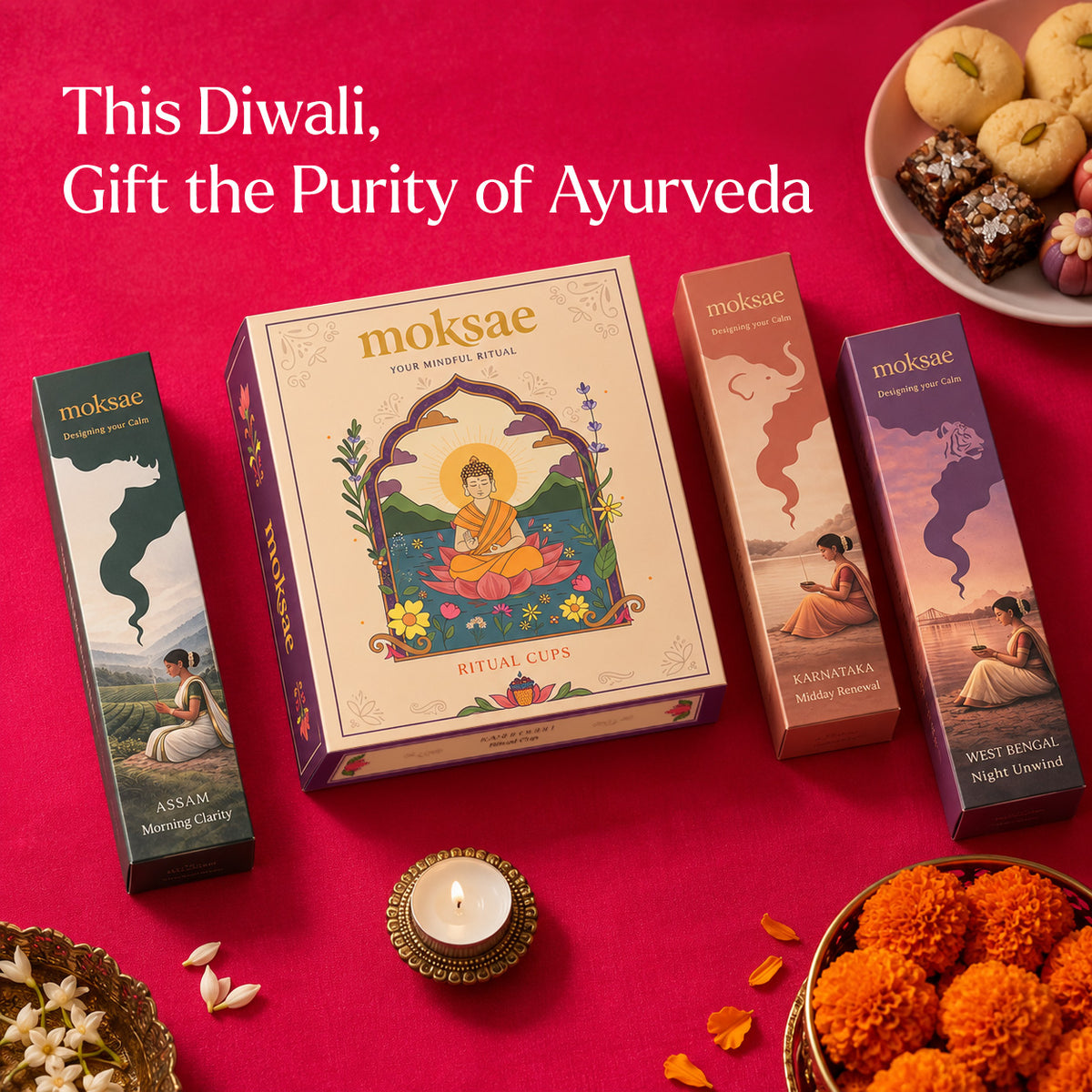 Moksae Festive Calm Diwali Gift Box (3 Daily Incense Packs + 1 Sacred Havan Cup Set)