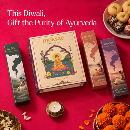 Moksae Festive Calm Diwali Gift Box (3 Daily Incense Packs + 1 Sacred Havan Cup Set)