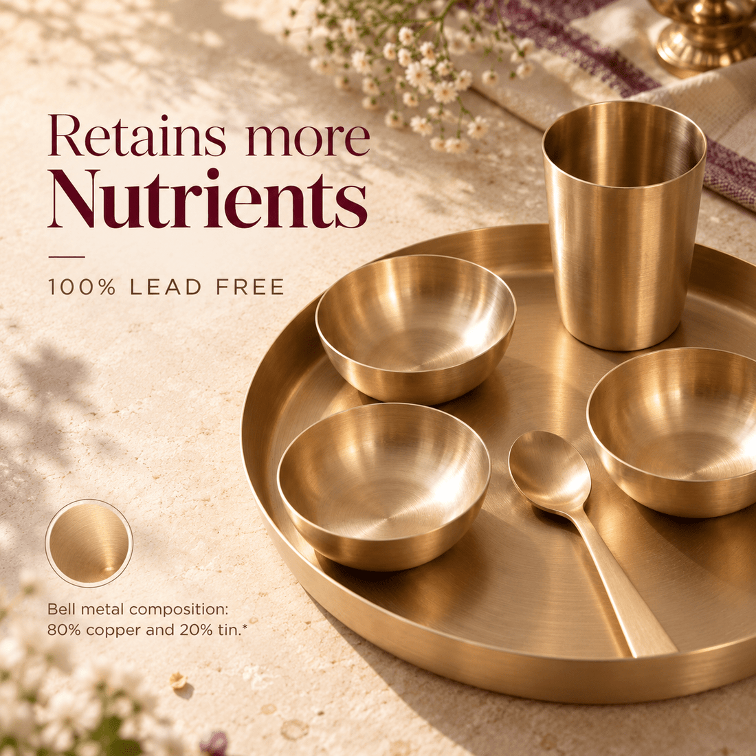 6-Piece Kansa Dinner Set · Thali Size - 10.5" · 100% Lead-Free (कांसे का डिनर सेट) - Moksae6-Piece Kansa Dinner Set · Thali Size - 10.5" · 100% Lead-Free (कांसे का डिनर सेट)