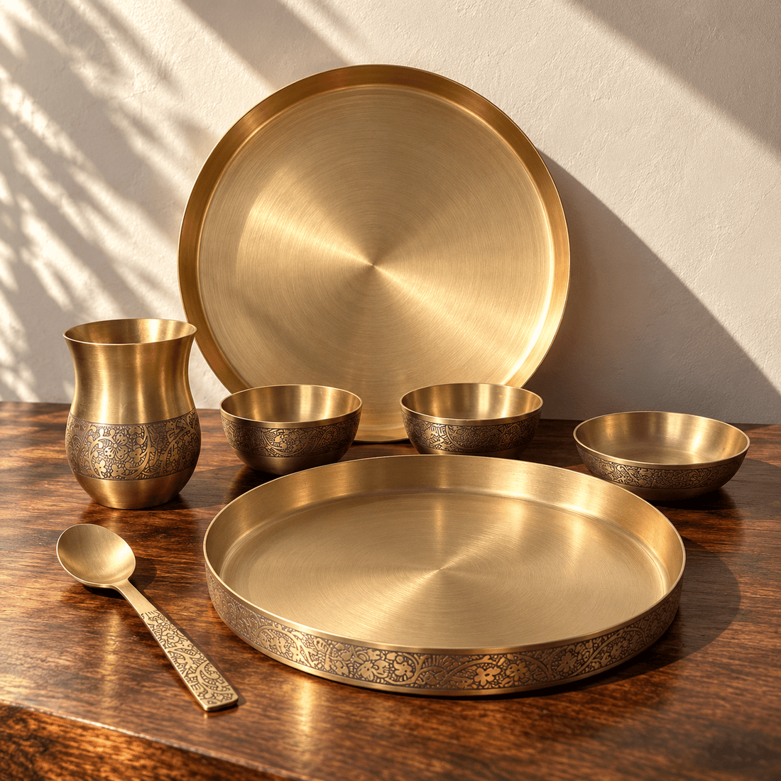 6-Piece Kansa Dinner Set · Thali Size - 10.5" · 100% Lead-Free (कांसे का डिनर सेट) - Moksae6-Piece Kansa Dinner Set · Thali Size - 10.5" · 100% Lead-Free (कांसे का डिनर सेट)