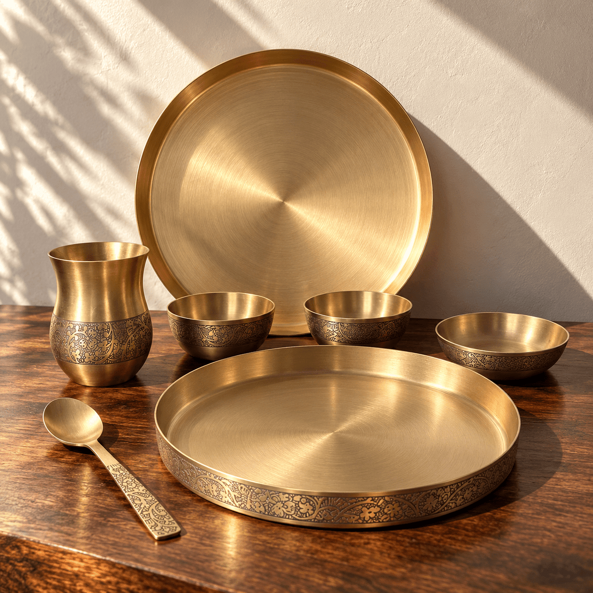 6-Piece Kansa Dinner Set · Thali Size - 10.5" · 100% Lead-Free (कांसे का डिनर सेट) - Moksae6-Piece Kansa Dinner Set · Thali Size - 10.5" · 100% Lead-Free (कांसे का डिनर सेट)