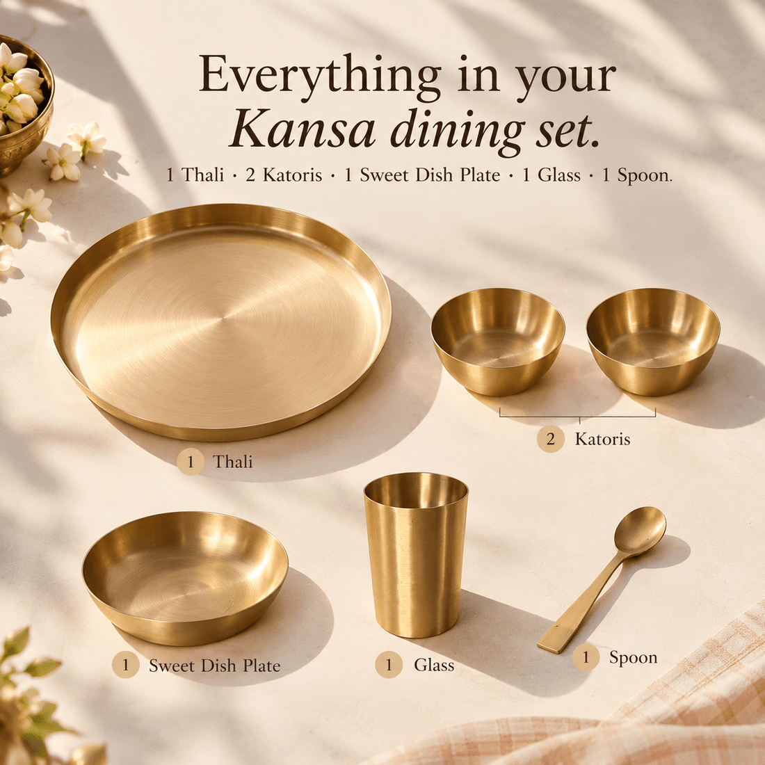6-Piece Kansa Dinner Set · Thali Size - 10.5" · 100% Lead-Free (कांसे का डिनर सेट) - Moksae6-Piece Kansa Dinner Set · Thali Size - 10.5" · 100% Lead-Free (कांसे का डिनर सेट)