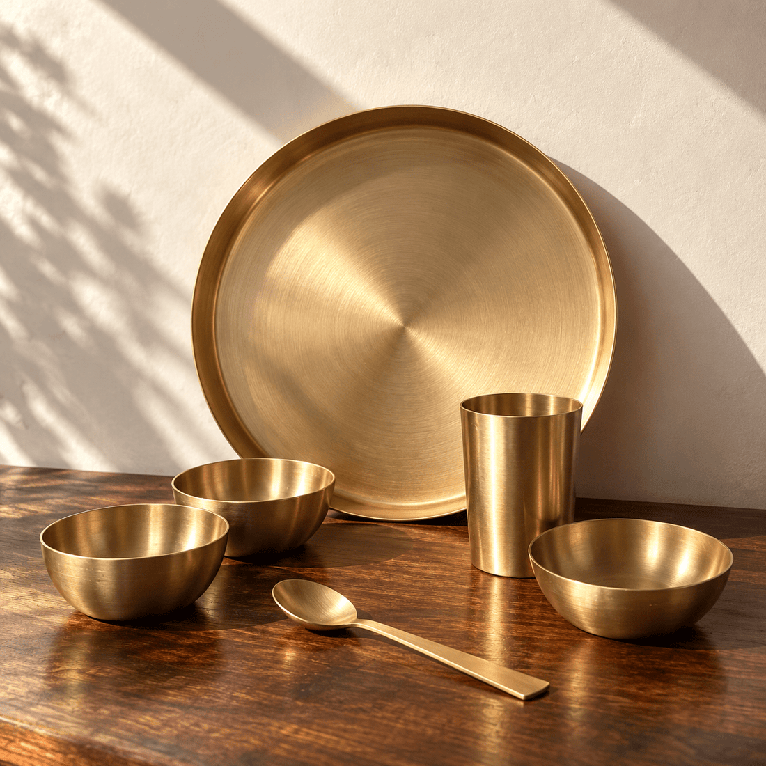 6-Piece Kansa Dinner Set · Thali Size - 10.5" · 100% Lead-Free (कांसे का डिनर सेट) - Moksae6-Piece Kansa Dinner Set · Thali Size - 10.5" · 100% Lead-Free (कांसे का डिनर सेट)