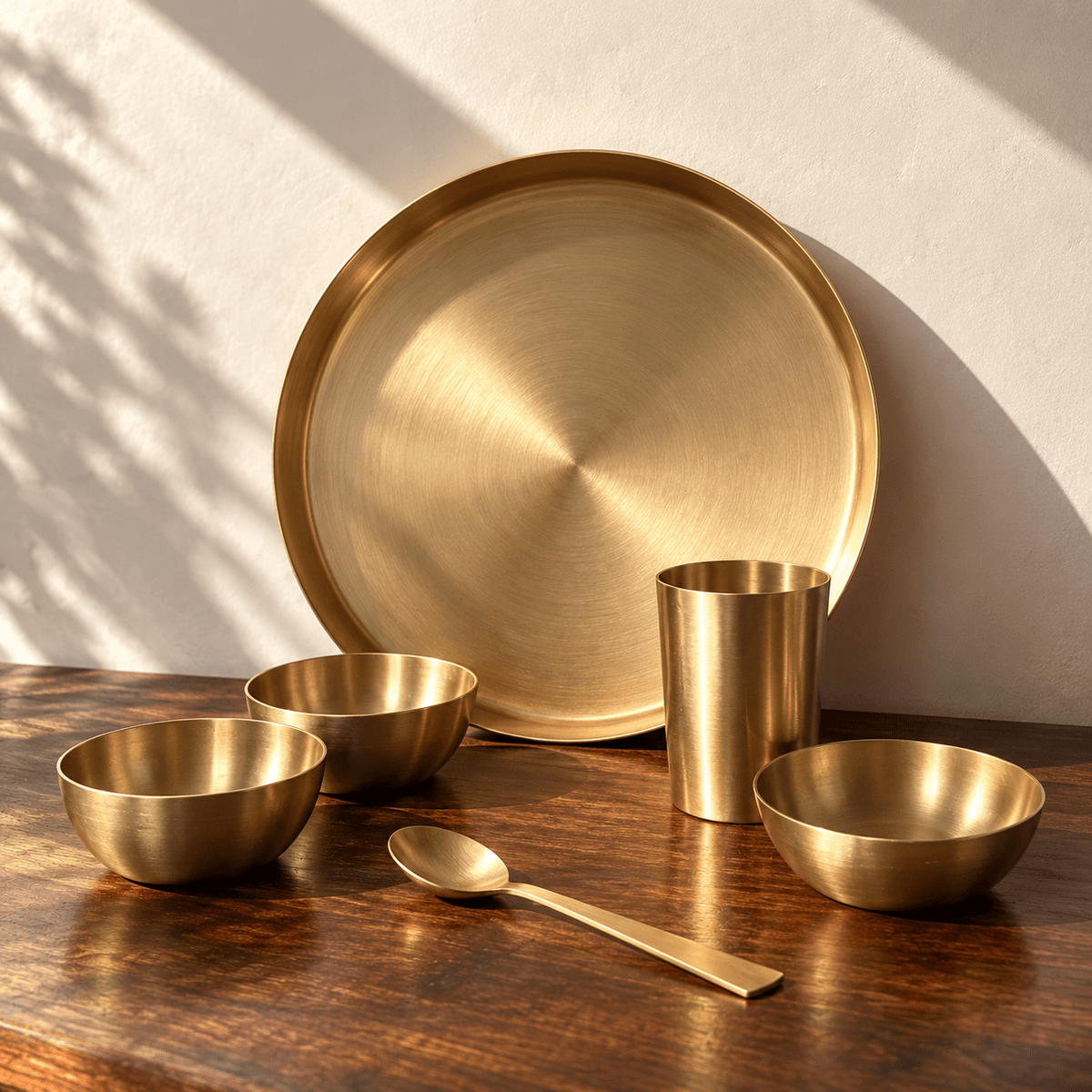 6-Piece Kansa Dinner Set · Thali Size - 10.5" · 100% Lead-Free (कांसे का डिनर सेट) - Moksae6-Piece Kansa Dinner Set · Thali Size - 10.5" · 100% Lead-Free (कांसे का डिनर सेट)