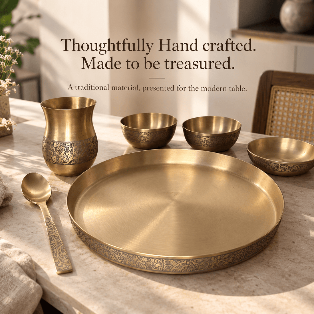 6-Piece Kansa Dinner Set · Thali Size - 10.5" · 100% Lead-Free (कांसे का डिनर सेट) - Moksae6-Piece Kansa Dinner Set · Thali Size - 10.5" · 100% Lead-Free (कांसे का डिनर सेट)