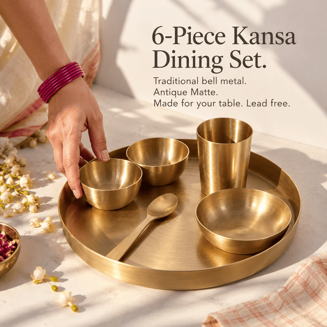6-Piece Kansa Dinner Set · Thali Size - 10.5" · 100% Lead-Free (कांसे का डिनर सेट) - Moksae6-Piece Kansa Dinner Set · Thali Size - 10.5" · 100% Lead-Free (कांसे का डिनर सेट)