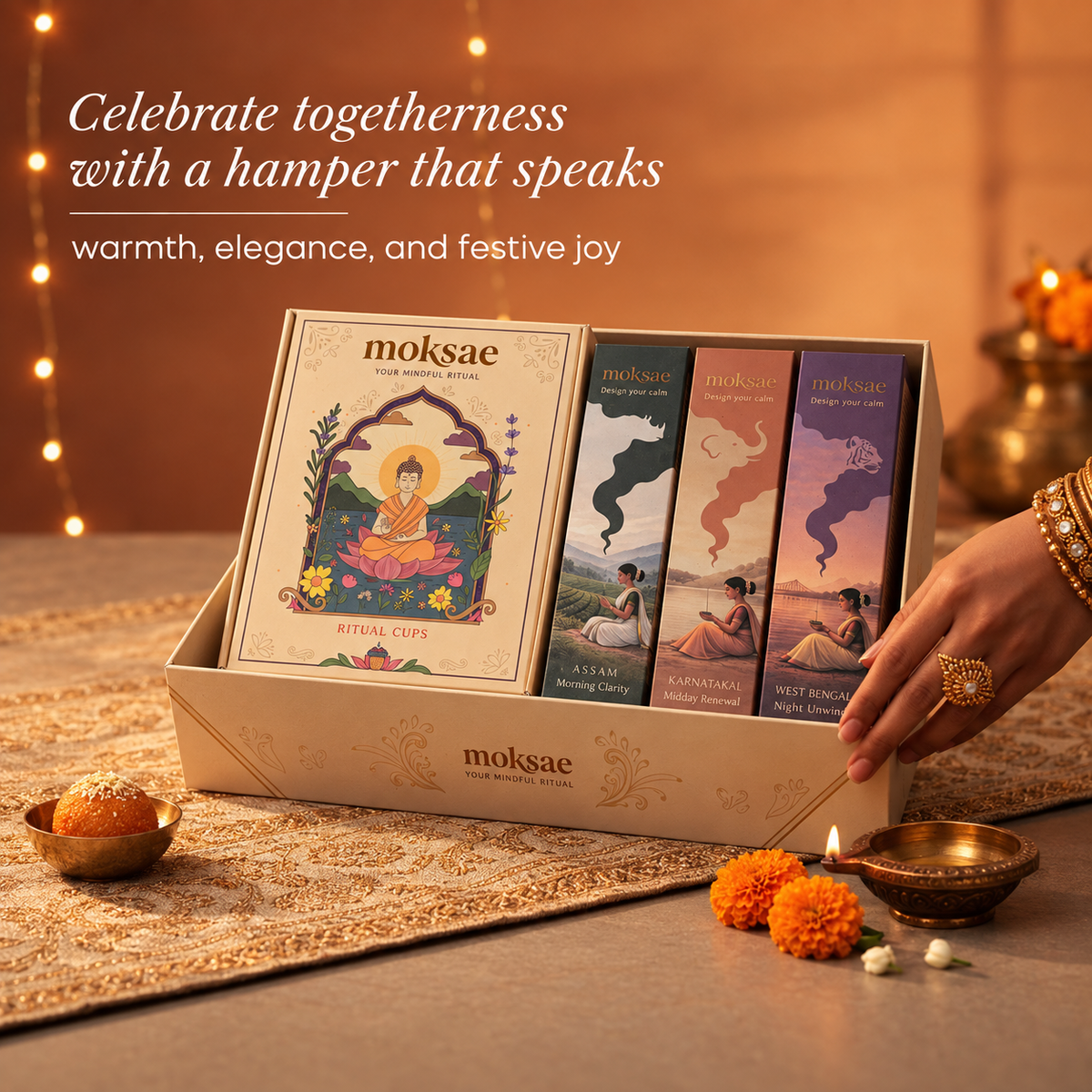 Moksae Festive Calm Diwali Gift Box (3 Daily Incense Packs + 1 Sacred Havan Cup Set)