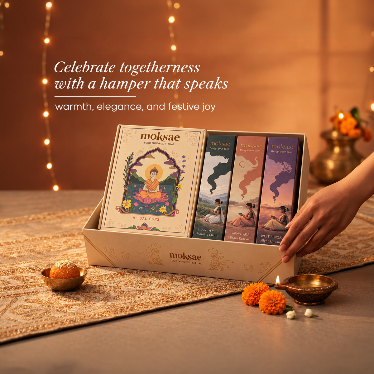 Moksae Festive Calm Diwali Gift Box (3 Daily Incense Packs + 1 Sacred Havan Cup Set)