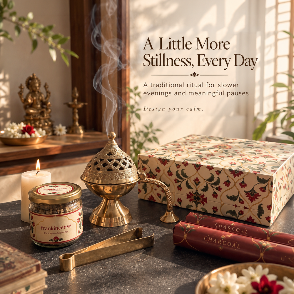 Moksae Sthira Pure Brass Dhuni Fumer & Frankincense Resin Gift Set