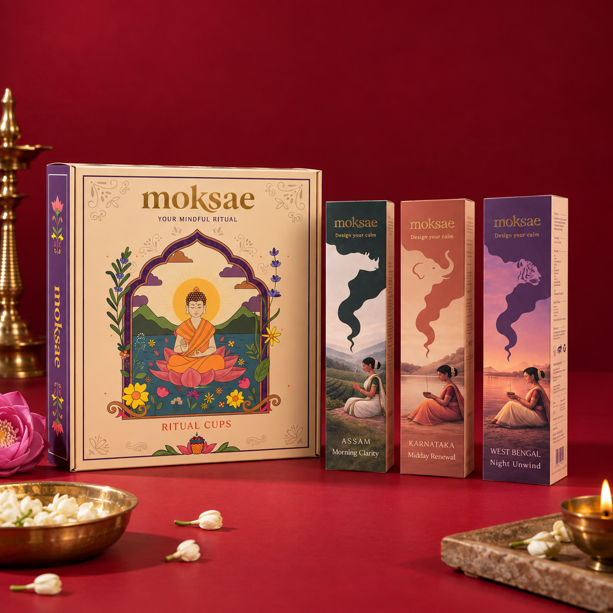 Moksae Festive Calm Diwali Gift Box (3 Daily Incense Packs + 1 Sacred Havan Cup Set)