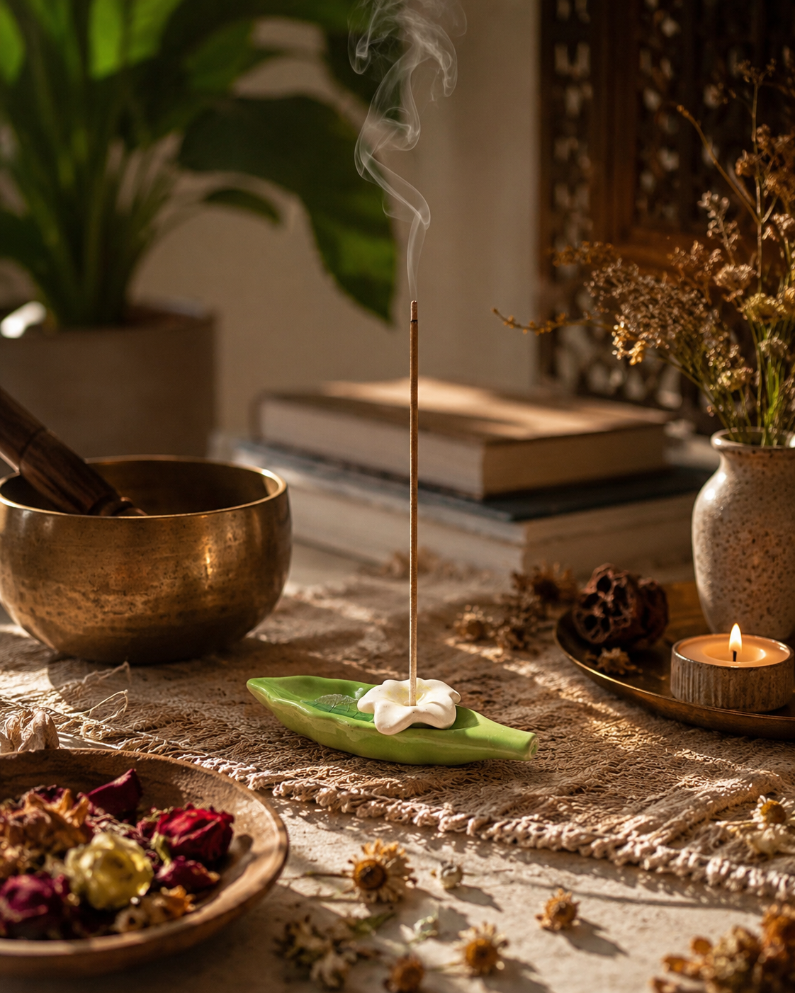 Ceramic leaf incense holder with smoke in warm ambient setting