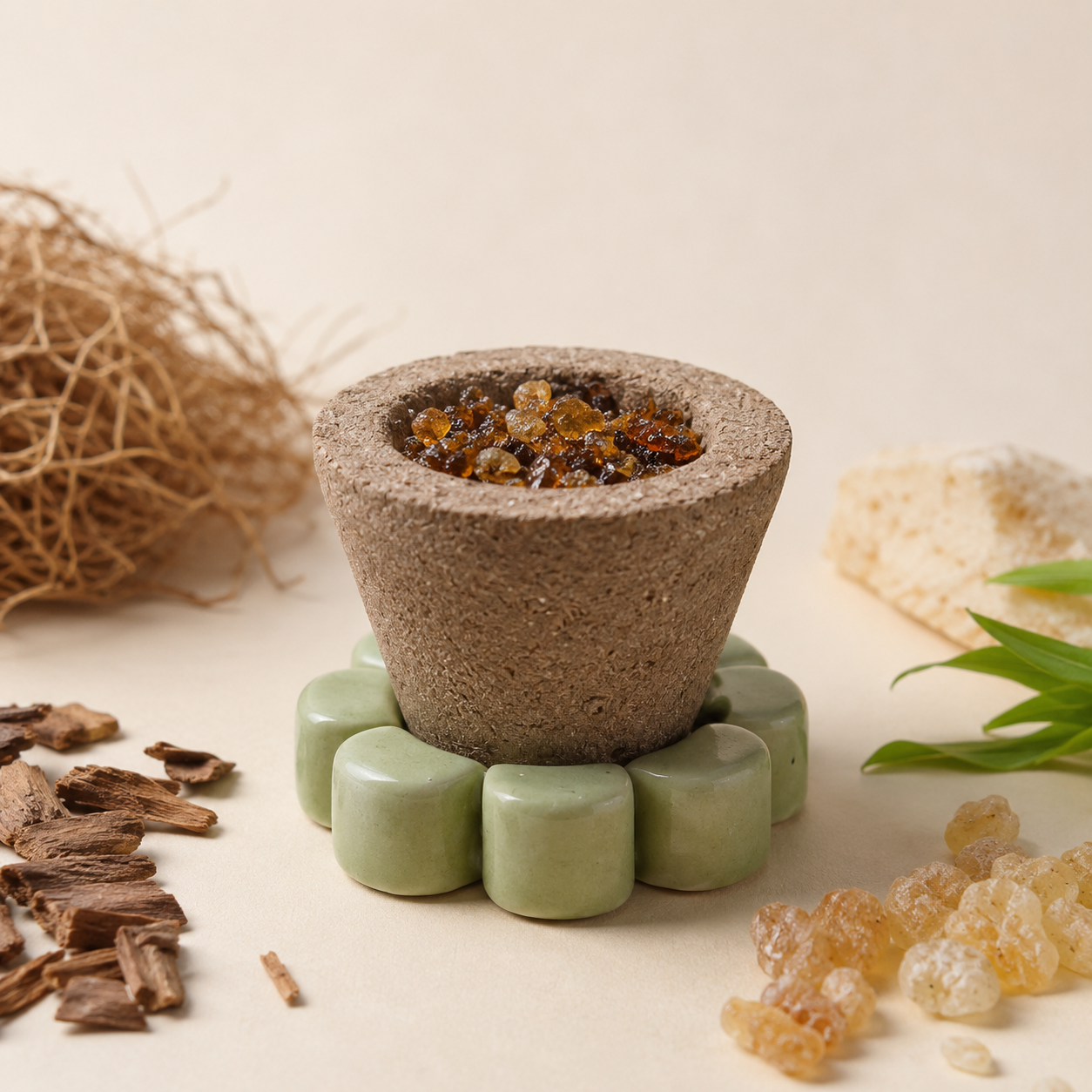 Havan cup stand with resin incense - product closeup with botanicals