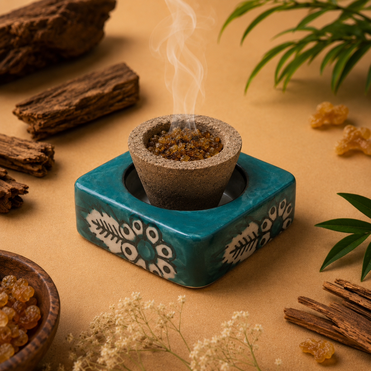 Teal floral ceramic havan cup stand - empty top view with botanicals