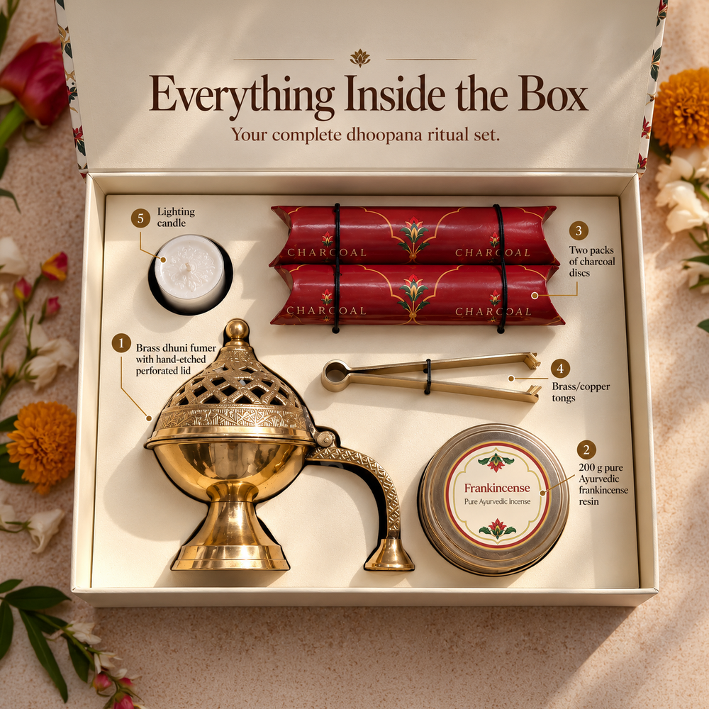 Moksae Sthira Pure Brass Dhuni Fumer & Frankincense Resin Gift Set
