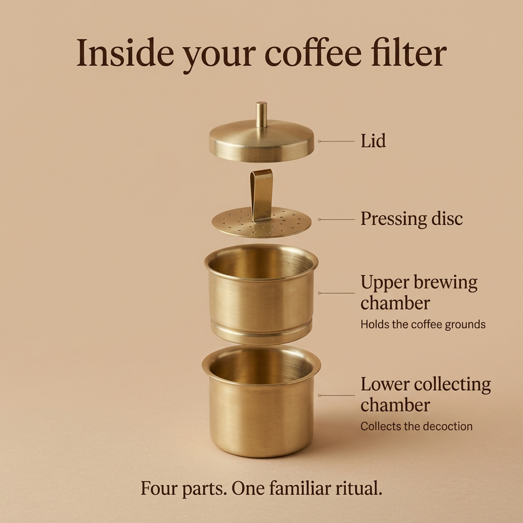 Brass coffee filter components with labels