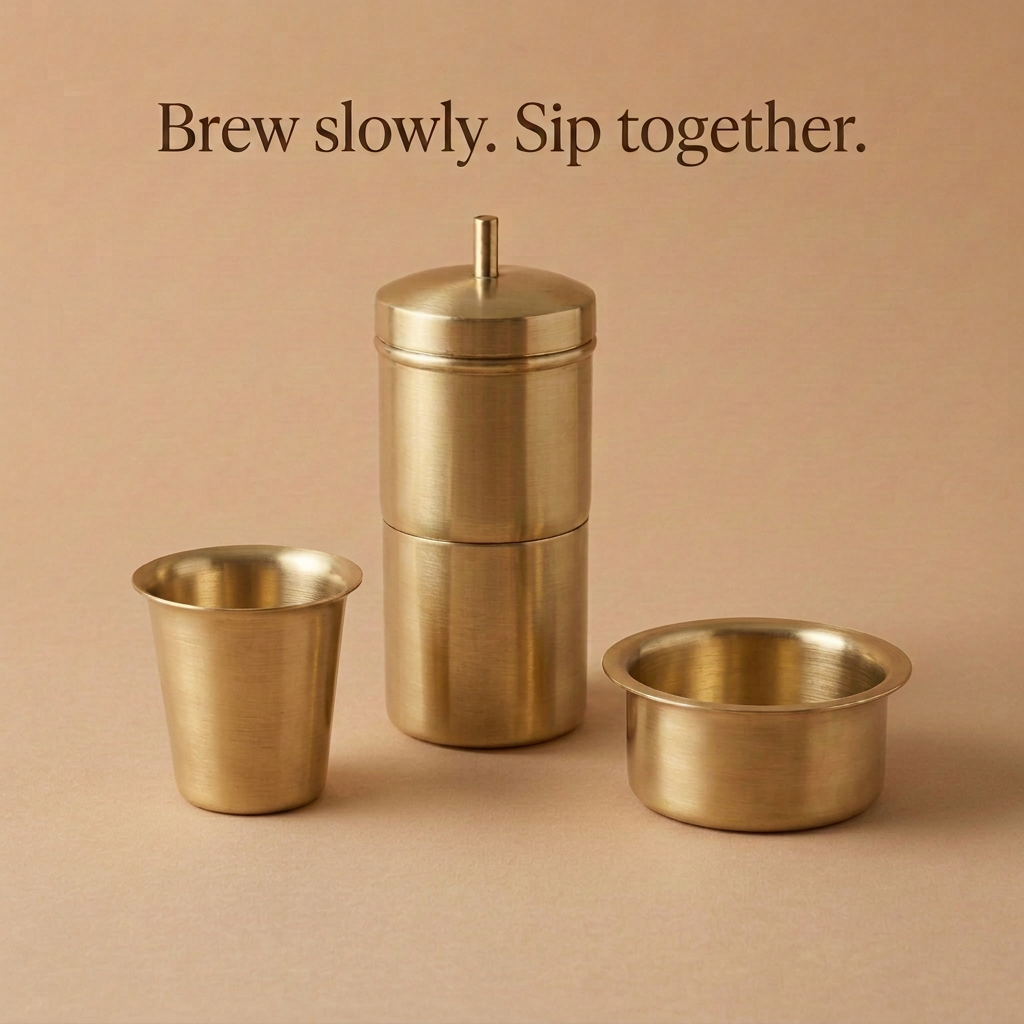 Brass tumbler left, coffee filter center, and saucer right
