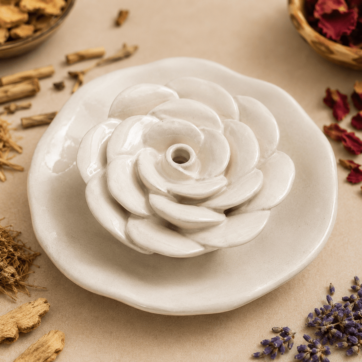 Ceramic Rose Incense Holder – Handcrafted in Khurja - MoksaeCeramic Rose Incense Holder – Handcrafted in Khurja