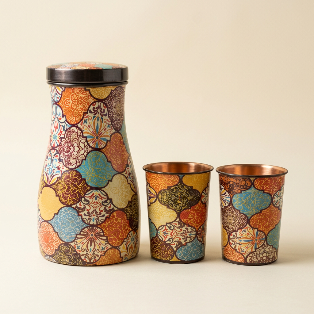 Curved patchwork copper bottle and two matching glasses on an ivory studio background