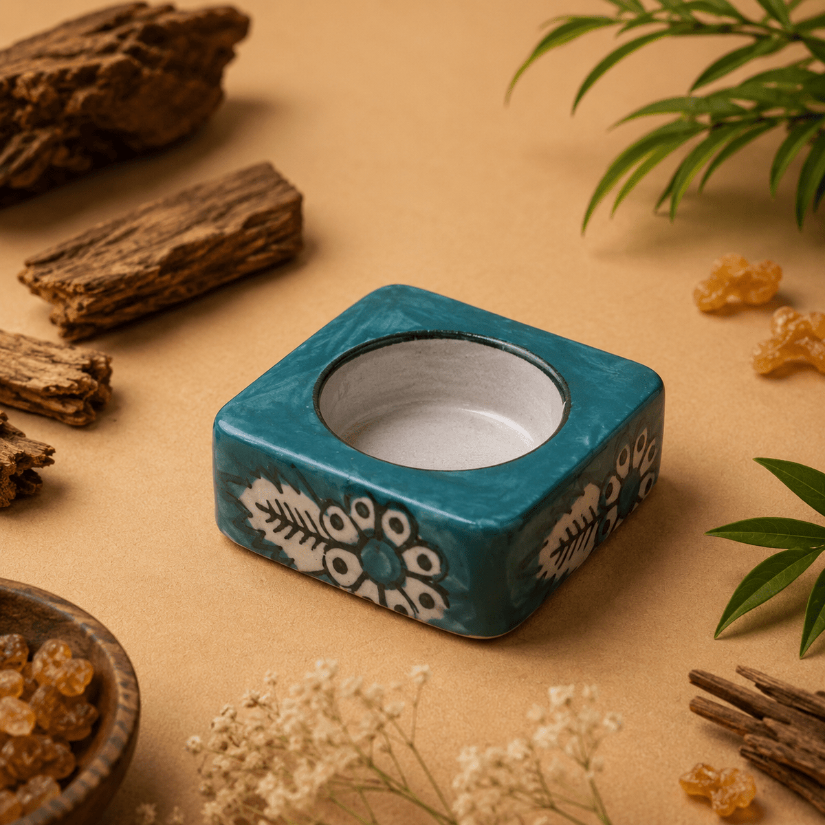 Havan Cup Stand – Teal Floral Ceramic Base - MoksaeHavan Cup Stand – Teal Floral Ceramic Base