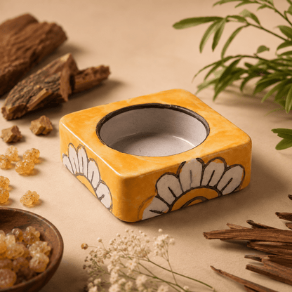 Havan Cup Stand – Yellow Floral Ceramic Base - MoksaeHavan Cup Stand – Yellow Floral Ceramic Base