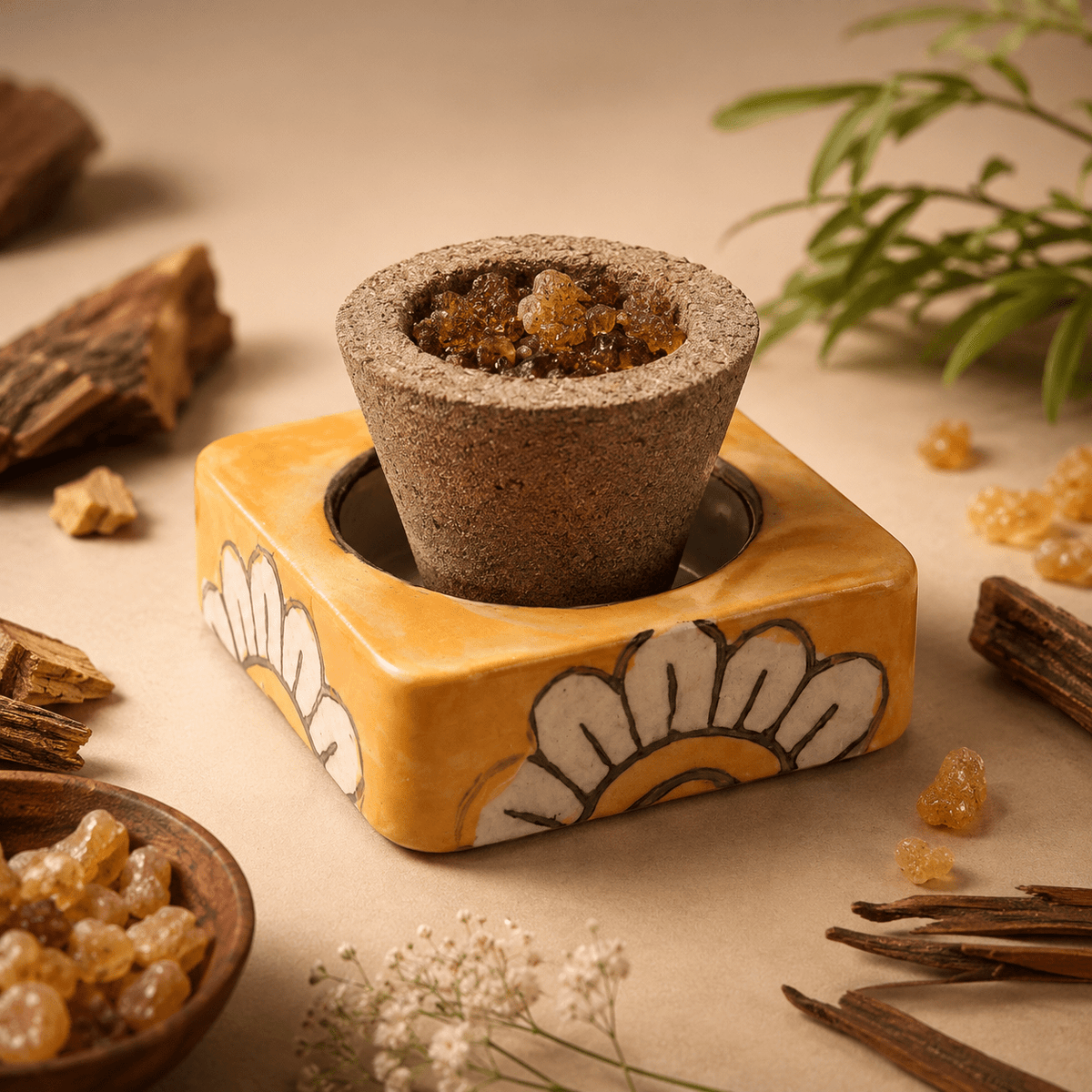 Havan Cup Stand – Yellow Floral Ceramic Base - MoksaeHavan Cup Stand – Yellow Floral Ceramic Base