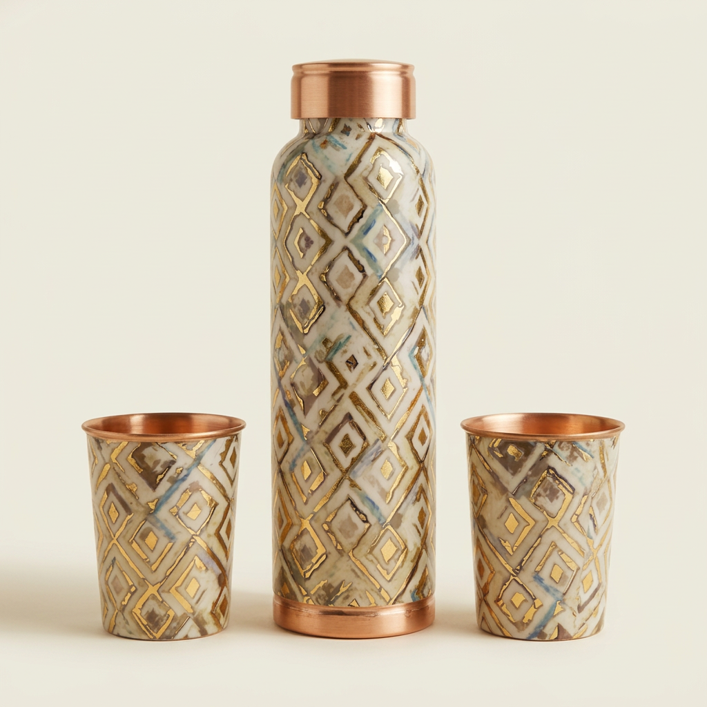 Hero shot of the geometric copper bottle and two matching glasses