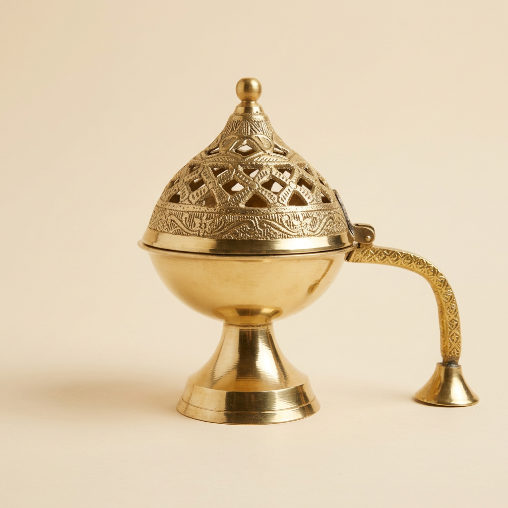 Handcrafted brass dhuni with a pierced, etched dome lid, smooth brass bowl and curved handle