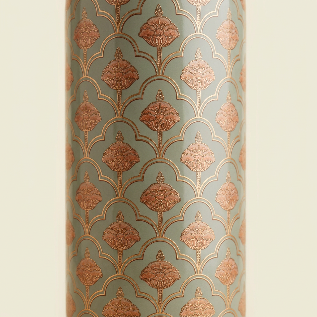 Macro close-up of the sage scallop pattern and copper floral details