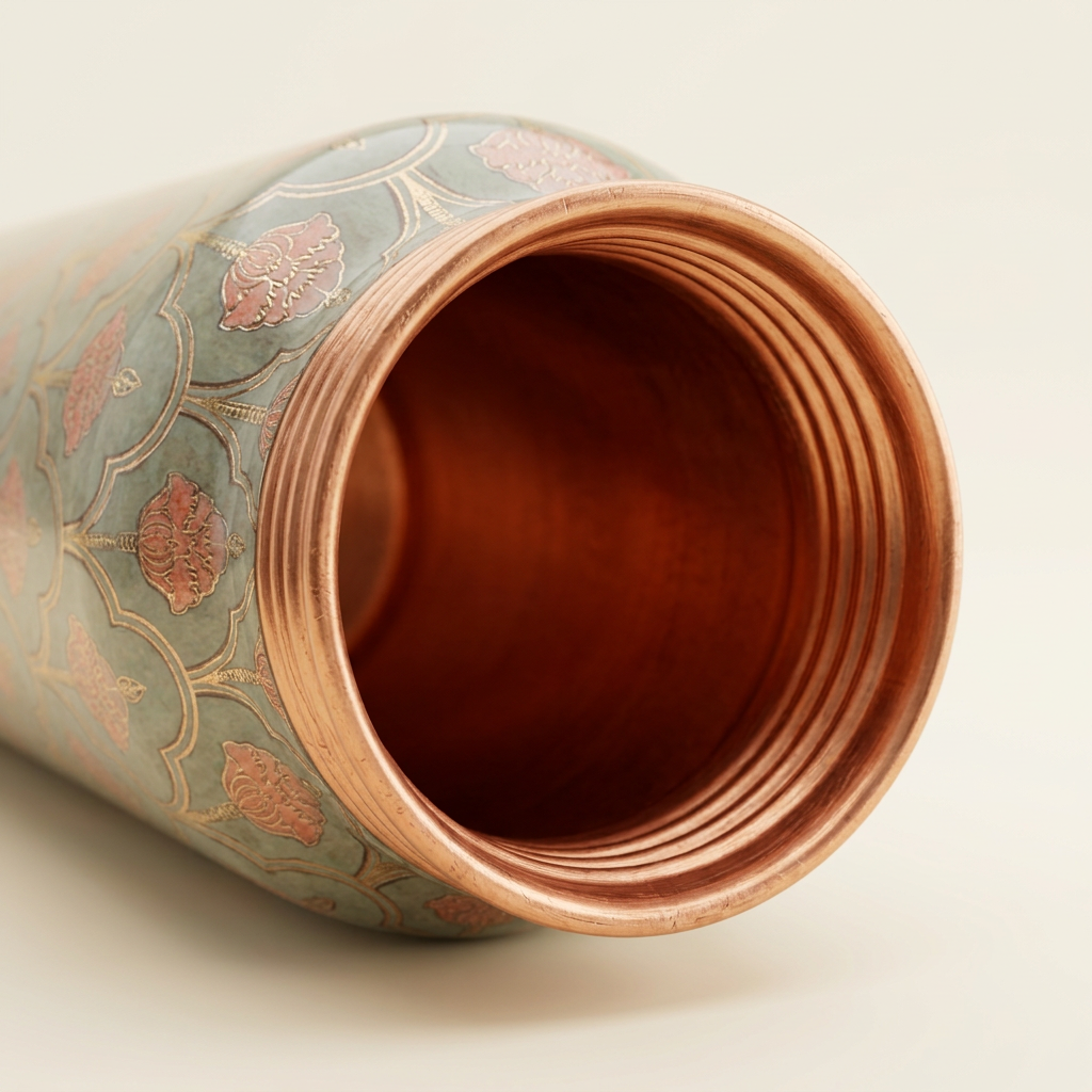 Macro view inside the scallop-design copper bottle