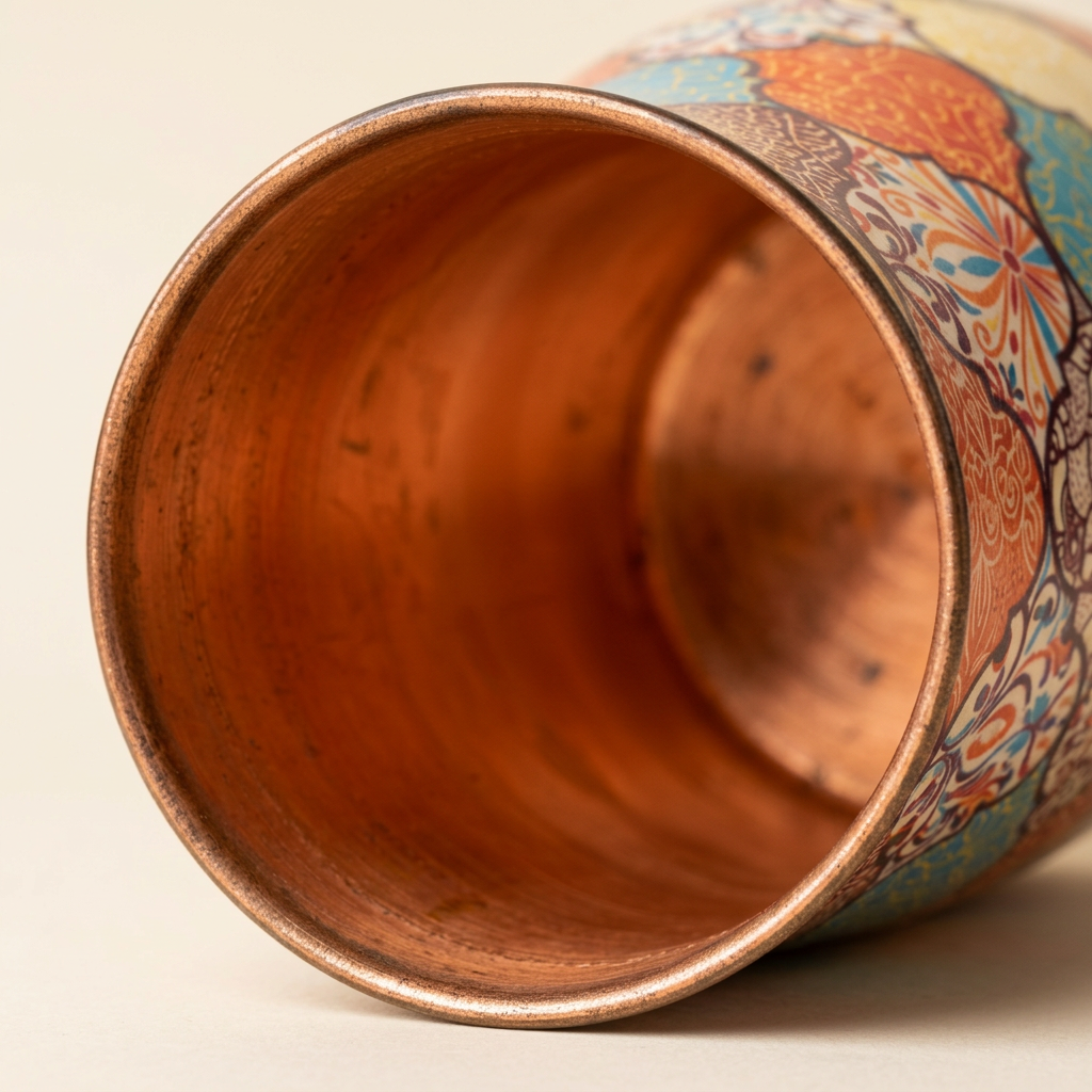 Macro view into the open bottle showing its copper interior and rim