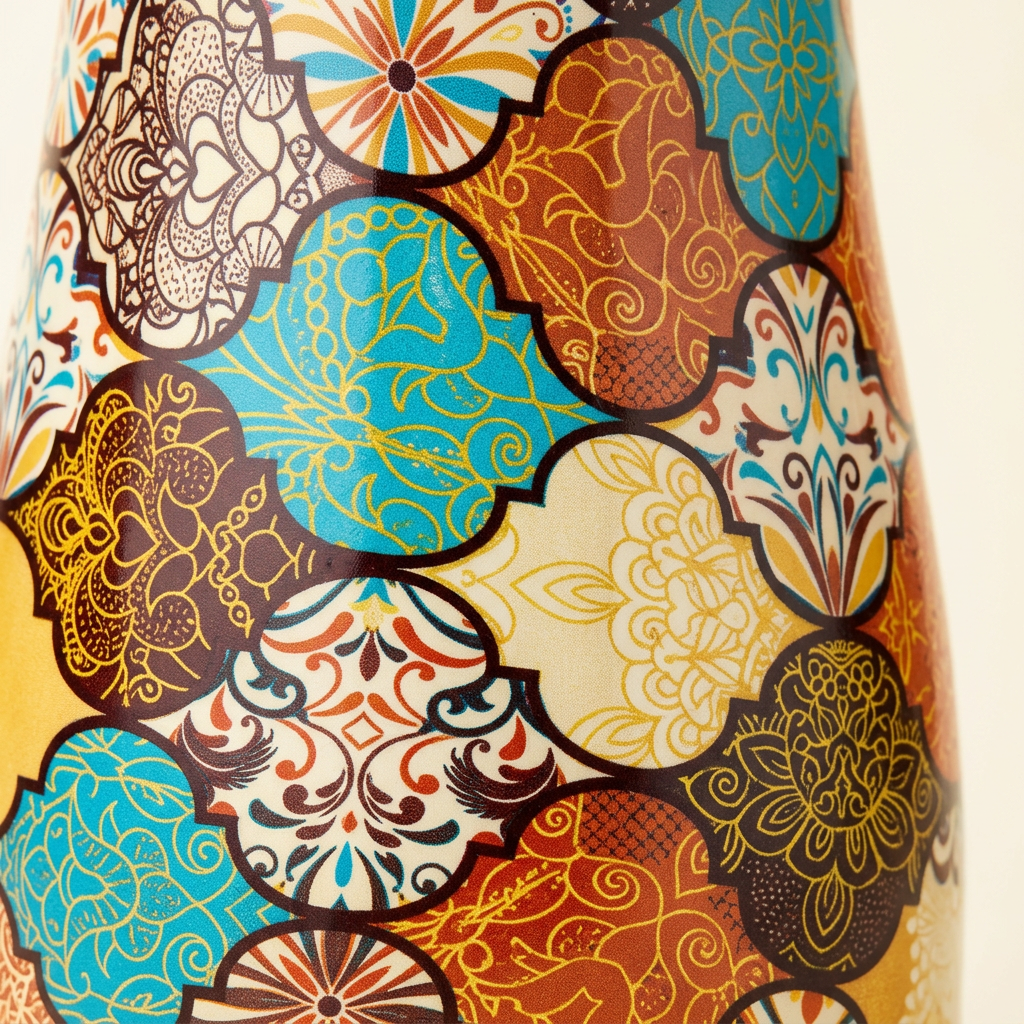 Side-cropped macro detail of the bottle’s patchwork artwork
